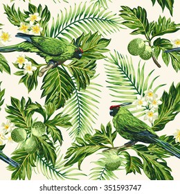 Seamless exotic tropical pattern with leaves, fruits, flowers and birds. Breadfruit, palm, plumeria, parrots. Vector illustration.