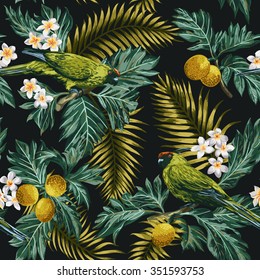 Seamless exotic tropical pattern with leaves, fruits, flowers and birds. Breadfruit, palm, plumeria, parrots. Vector illustration.