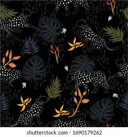 Seamless exotic tropical pattern.Cheetah, leaf and plants. Vector illustration design for fashion fabrics, textile graphics, prints, wallpapers and other uses.