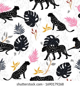 Seamless exotic tropical pattern.Cheetah, leaf and plants. Vector illustration design for fashion fabrics, textile graphics, prints, wallpapers and other uses.