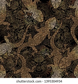 Seamless exotic tropical vector pattern with gecko lizards in shades of golden on the background of the mandala