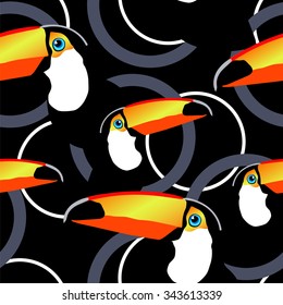 Seamless exotic tropical vector pattern with toucans,  and  circles