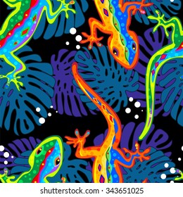 Seamless exotic tropical vector pattern with lizards and leaves