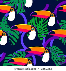 Seamless exotic tropical vector pattern with toucans, circles and leaves