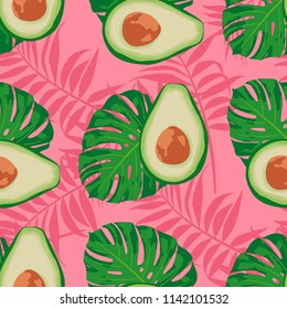 Seamless  exotic vector pattern with avocado slices and leaves of monstera on trendy pink background.