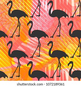 Seamless Exotic Vector Pattern with Flamingo.