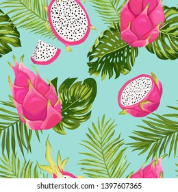 Seamless exotic watercolor dragon fruit pattern, pitaya background with palm leaves in watercolor style. Vector illustration