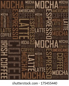 Seamless experience pattern. Names of popular coffee drinks. Vector background. 