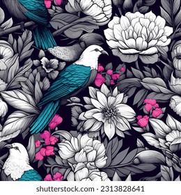 Seamless Exquisite Tropical Flowers and Birds Pattern. Vector Illustration Design