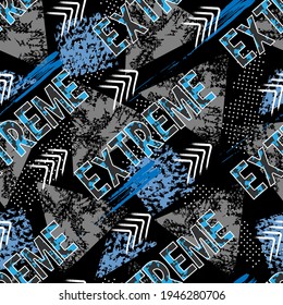 Seamless extreme pattern for boys. Geometric elements, scuffs and text