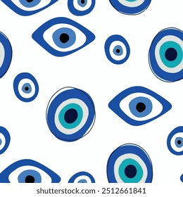 Seamless eye pattern with isolated abstract hand drawn art evil eye background elements in blue and black colors