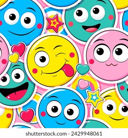 Seamless eye-catched pattern with emoticons. Cartoon emoji faces in different expressions. Endless texture can be used for textile pattern fills, t-shirt design, web page background. Vector EPS10