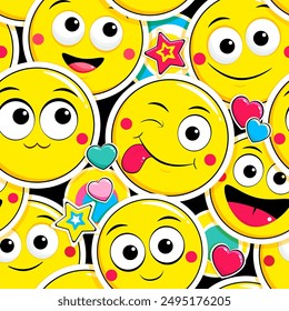 Seamless eye-catched pattern with emoticons. Cartoon emoji faces in different expressions. Endless texture can be used for textile pattern fills, t-shirt design, web page background. Vector EPS10