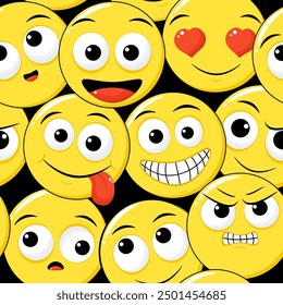 Seamless eye-catched pattern with emoticons. Cartoon emoji faces in different expressions. Endless texture can be used for textile pattern fills, t-shirt design, web page background. Vector EPS8