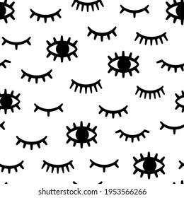 Seamless eyelash pattern. Print with winking, closed and open female eye with long lashes. Woman makeup. Fashion monochrome vector texture. Beauty salon and fashion design for fabric