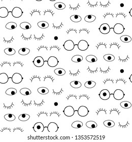 Seamless eyes, glasses pattern, black and white print.