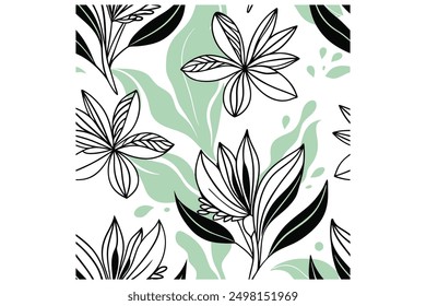 A seamless fabric abstract pattern with botanical elements and organic shapes, suitable for textiles, fabric, and wallpaper, evoking serenity and sophistication.