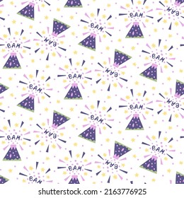 Seamless fabric children's pattern with exploding volcano. Hand-drawn children's illustration. Handwritten word BAM, sparks, star, flares like fireworks display. Nursery wallpaper on white background.