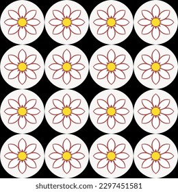 Seamless fabric design with black background and round elements depicting white and red flowers in shield-like motif, inspired by art nouveau floral terrazzo.
