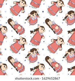 Seamless Fabric Doll Illustration Pattern - Vector