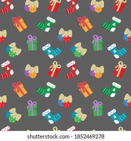 Tejidos impecables con elementos de la navidad navideña en un fondo gris .. Vacaciones. Ilustración vectorial.