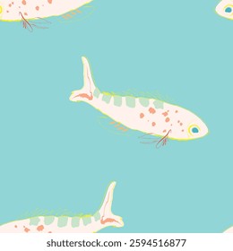 Seamless fabric of fish pattern, like illustration. Suit for package design, wallpaper, fashion print, Housing wallpaper, arty-crafty.
