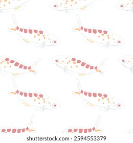 Seamless fabric of fish pattern, like illustration. Suit for package design, wallpaper, fashion print, Housing wallpaper, arty-crafty.
