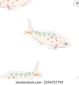 Seamless fabric of fish pattern, like illustration. Suit for package design, wallpaper, fashion print, Housing wallpaper, arty-crafty.
