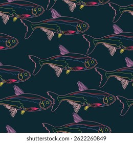Seamless fabric of fish pattern, like illustration. Suit for package design, wallpaper, fashion print, Housing wallpaper, arty-crafty.
