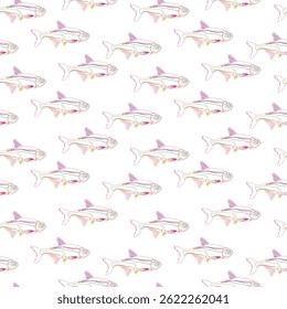 Seamless fabric of fish pattern, like illustration. Suit for package design, wallpaper, fashion print, Housing wallpaper, arty-crafty.
