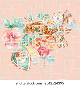 Seamless fabric floral patterns, abstract ikat patterns or abstract ethnic. Watercolor floral pattern for textile, fashion, texture and scarf design. Hand drawn.
