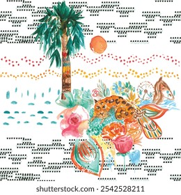 Padrões florais de tecido sem costura, padrões de ikat abstratos ou étnico abstrato. Padrão floral aquarela para design têxtil, moda, textura e cachecol. Mão desenhada. 
