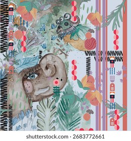 Seamless fabric floral patterns, abstract ikat patterns or abstract ethnic. Watercolor floral pattern for textile, fashion, texture and scarf design. Hand drawn. 