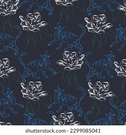 Tejido de flores sin foco con animal. Traje para ornamento, vintage gráfico, impresión de moda.