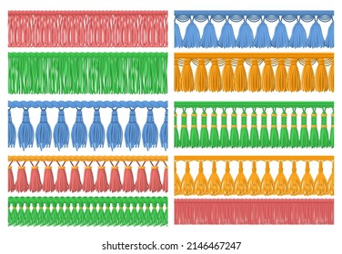 Seamless fabric fringe. Ruffle seam trim, tassel border ruffles and garment decorative ornament vector set of embellishment line fringe illustration