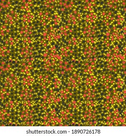 Seamless fabric with the image of red, yellow and black spots on a dark green background. Watercolor drawing. Vector illustration.