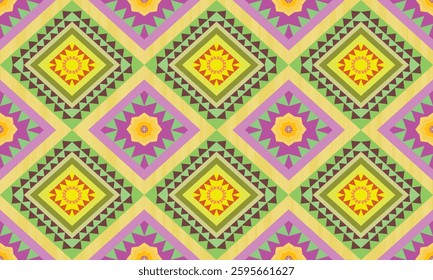 Seamless fabric pattern with colorful geometric shapes, triangles and rhombus lined up in rows to form a beautiful overlapping rhombus shape, abstract geometric background