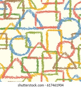 Seamless fabric pattern with colorful geometric forms. Repeat triangle, circle, square figure with blue, red, green, yellow color. Hand drawing vector texture background.