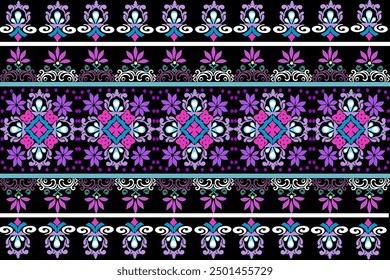 Seamless fabric pattern, Damask floral pattern, gold, pink, white, black background, divider, illustration, vector.