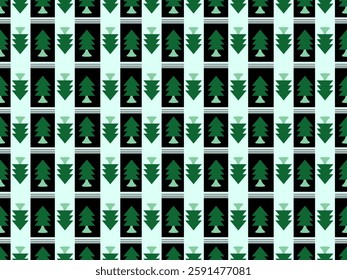 Seamless fabric pattern design, alternating pine trees at the head and tail, alternating green and black tones, tablecloth pattern
