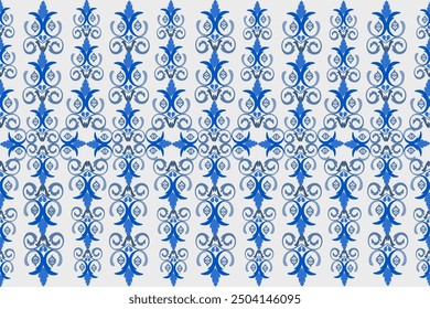 Seamless fabric pattern. European blue native damask pattern. White background illustration, vector, wallpaper.