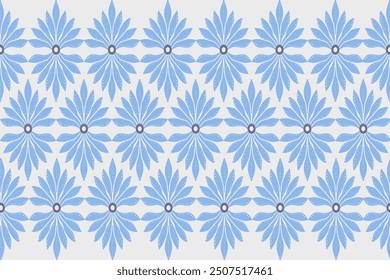 Seamless fabric pattern. European blue native damask pattern. White background illustration, vector, wallpaper.