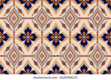 Motif harmonieux de tissu, forme géométrique, couleur crème, arrière-plan crème, motif bleu foncé, motif carré, beau, luxueux, moderne, imitant le tissu de soie.