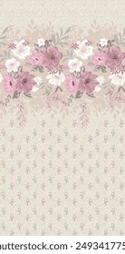 Seamless fabric pattern with green leafy pink roses and wild flowers among edge ribbon on white background.