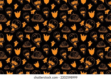 seamless fabric pattern Halloween spirits and skull