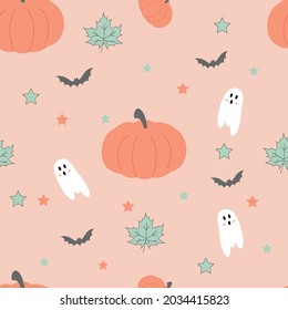 Seamless fabric pattern happy halloween. Background with pumpkins for halloween. Wallpaper with ghosts and pumpkins. Vector illustration for halloween.