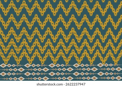 Seamless fabric pattern ikat, green background decorated with yellow patterns, imitating woven fabric, Thai fabric