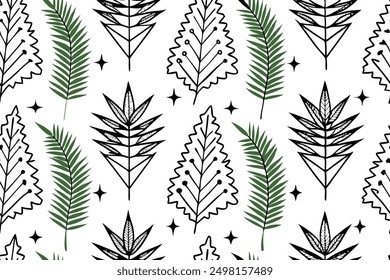 Seamless fabric pattern with intricate fern leaves and geometric accents, suitable for textiles, fabric, wallpaper, and wrapping paper, showcasing calmness and understated beauty.