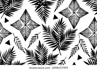 Seamless fabric pattern with intricate fern leaves and geometric accents, suitable for textiles, fabric, wallpaper, and wrapping paper, showcasing calmness and understated beauty.