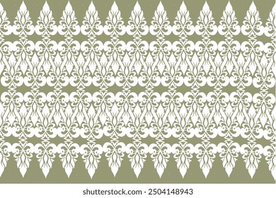 Seamless fabric pattern. Native damask pattern with white flowers of the European continent. Gray background illustration, vector, wallpaper.